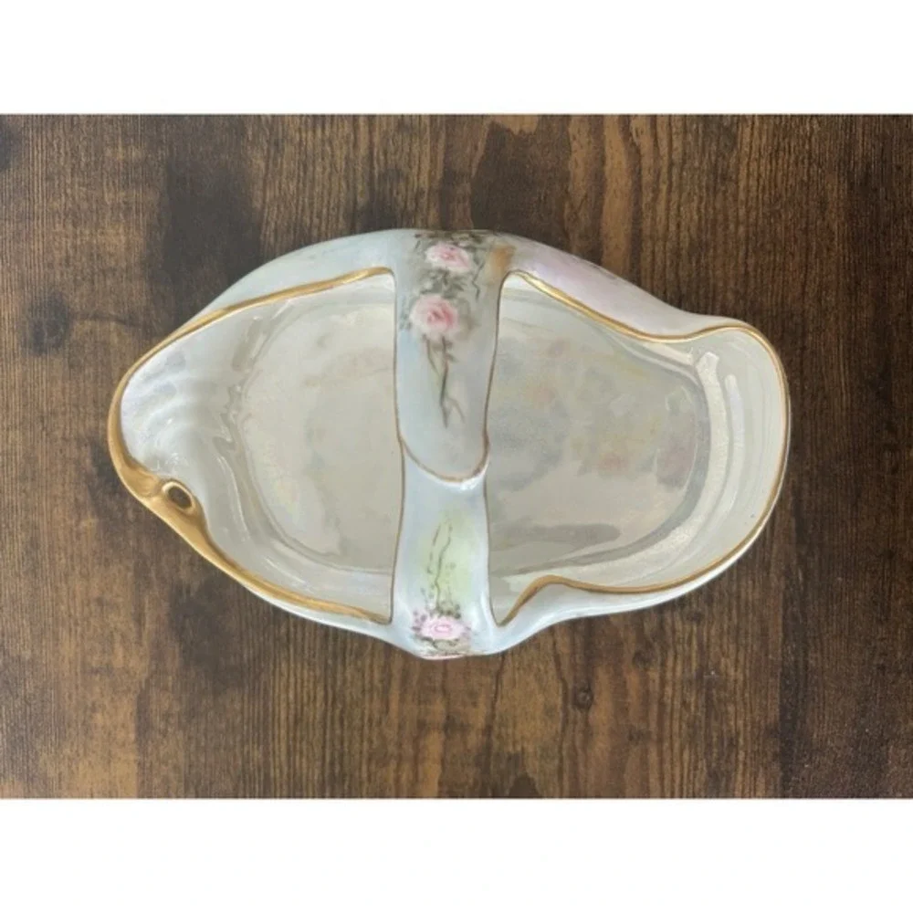Antique French Limoges Handled Porcelain‎ Basket Hand Painted Floral & Gold